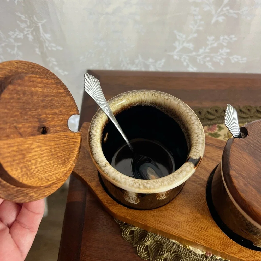 Vintage Ceramic And Wood USA Sauce Set